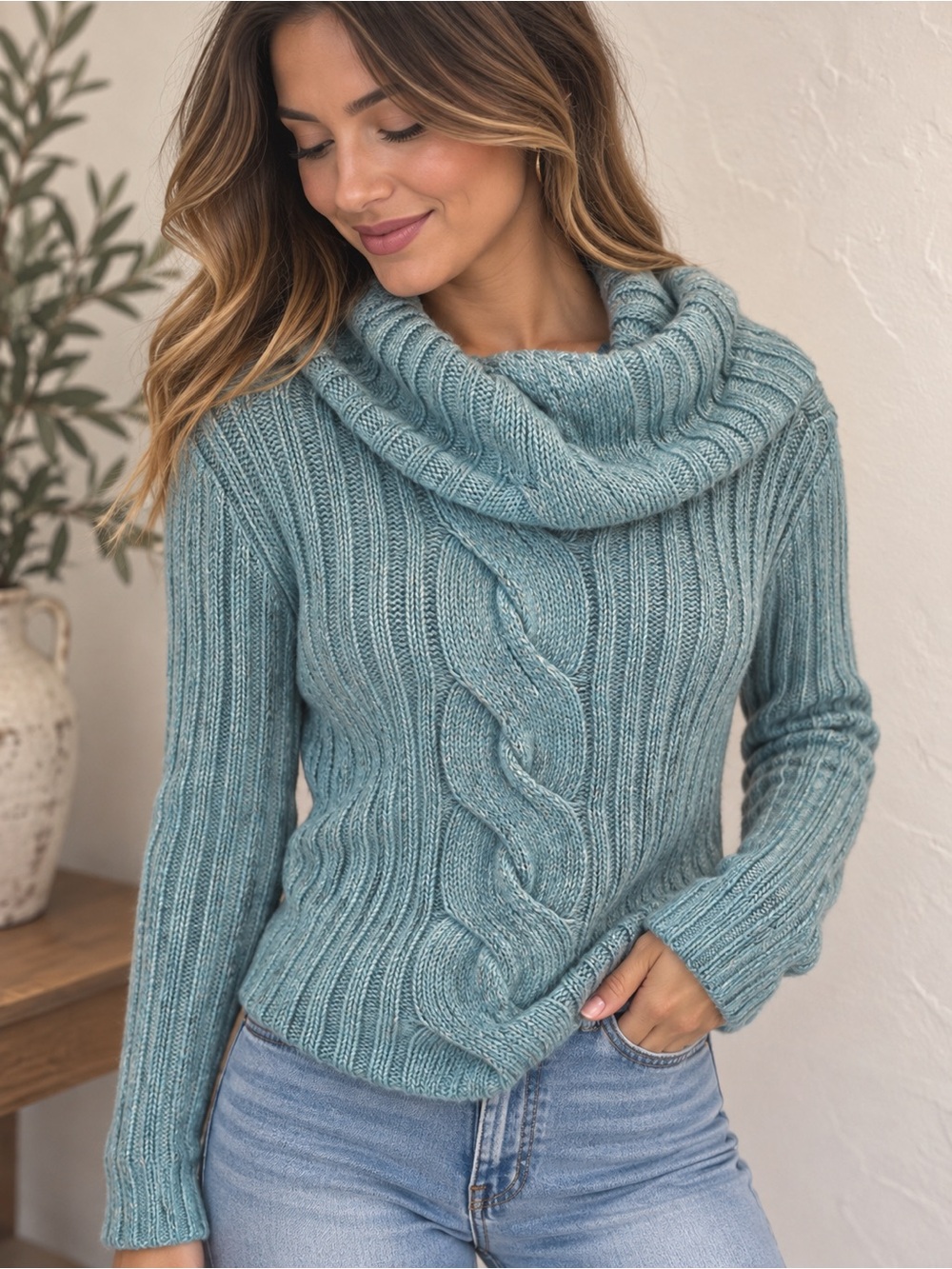 Tommy Hilfiger Teal Cable Cowl Neck Sweater